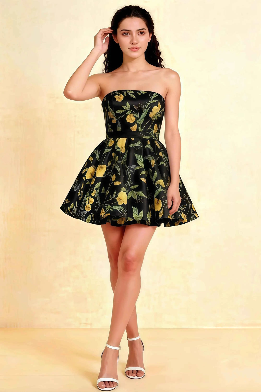 Translation missing: en.Catherine Black Floral Print Bandeau Ruffle Mini Dress content.product_image_main