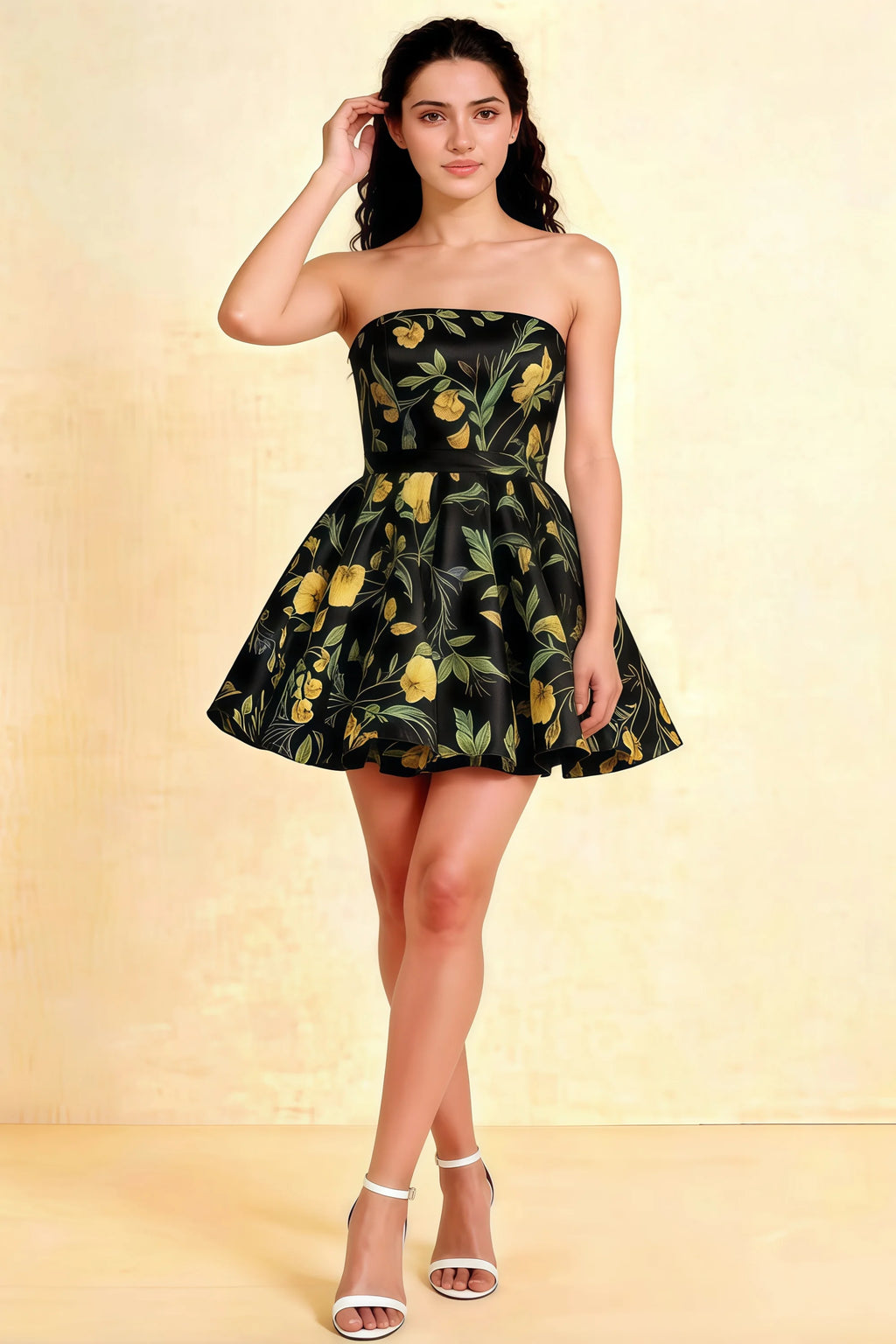 Catherine Black Floral Print Bandeau Ruffle Mini Dress