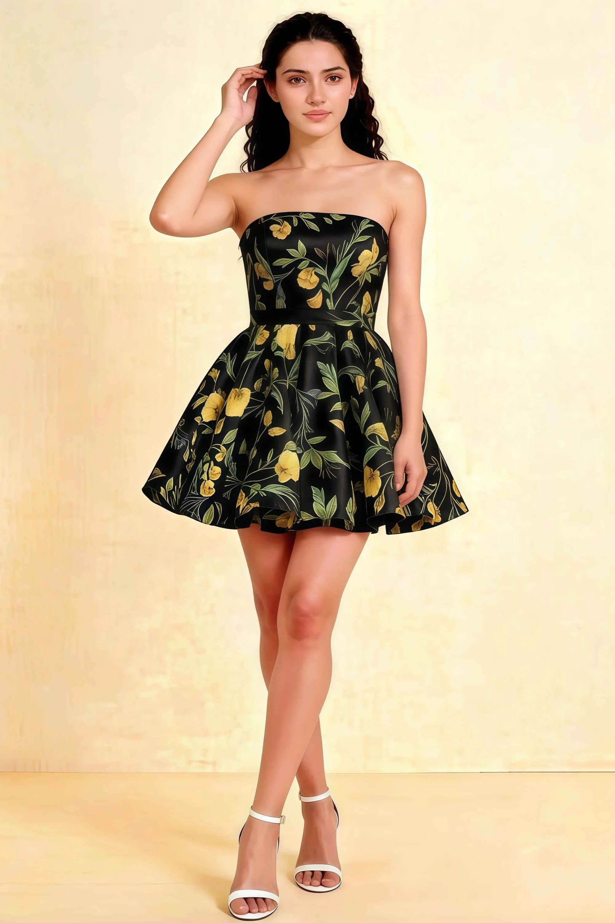 Catherine Black Floral Print Bandeau Ruffle Mini Dress Main image