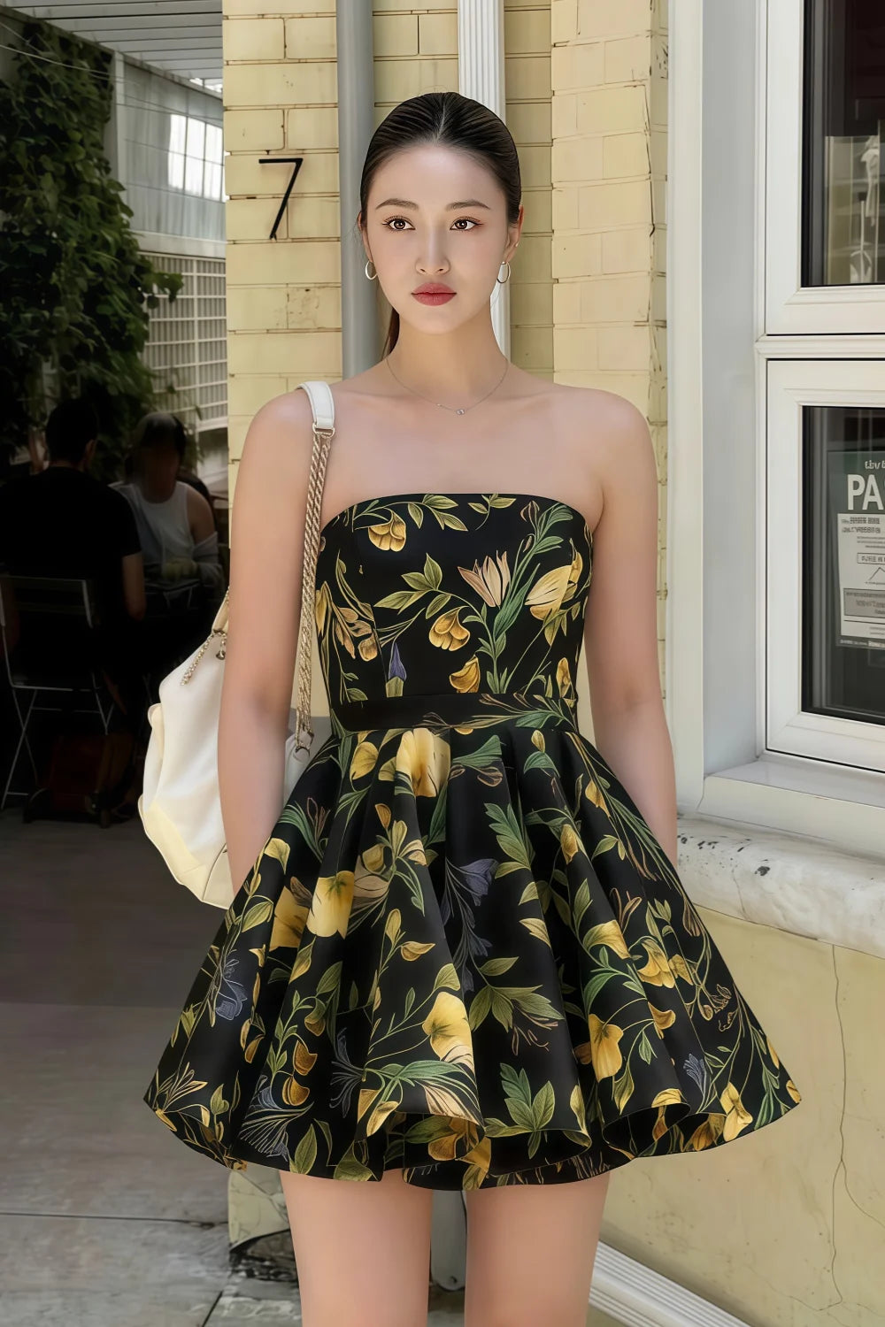 Catherine Black Floral Print Bandeau Ruffle Mini Dress