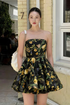 Catherine Black Floral Print Bandeau Ruffle Mini Dress