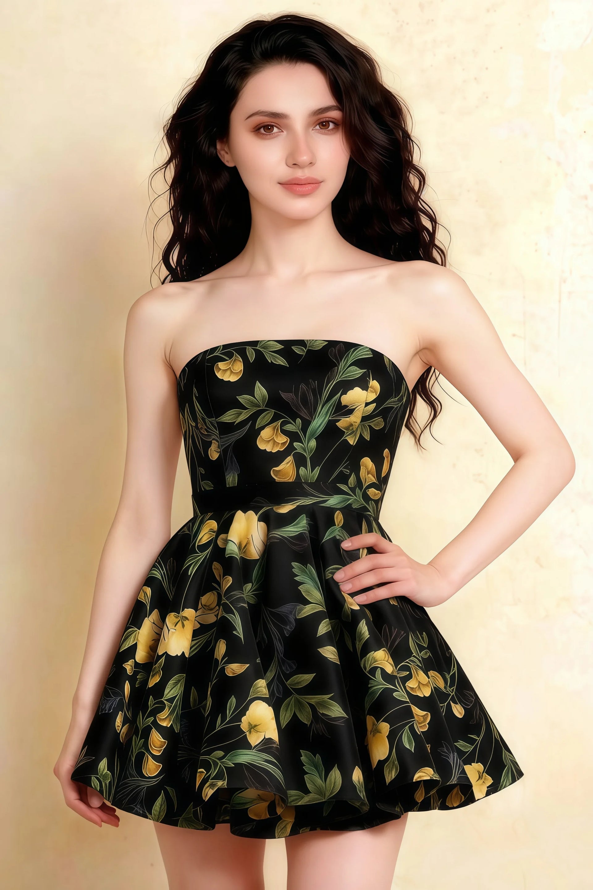 Catherine Black Floral Print Bandeau Ruffle Mini Dress