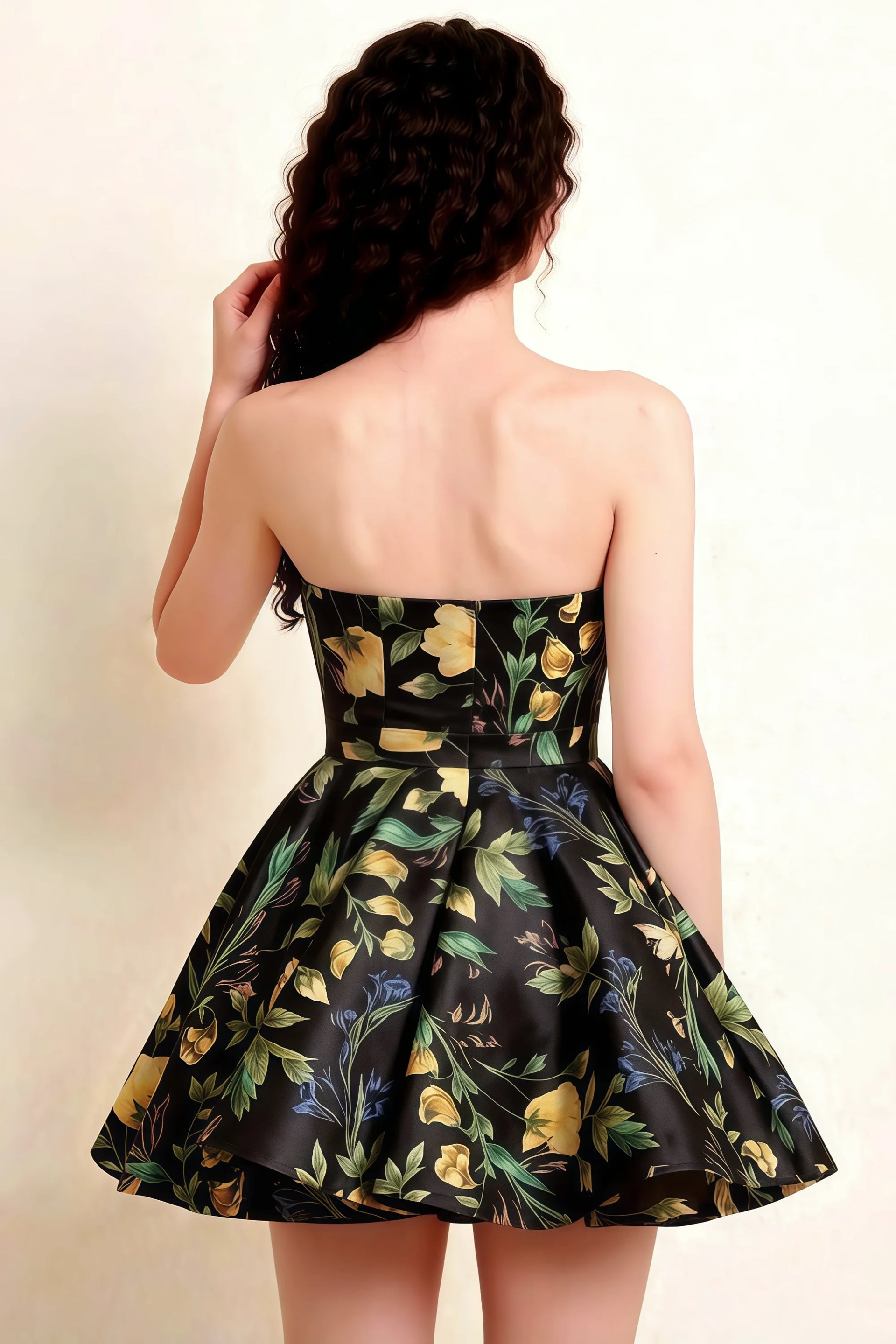 Catherine Black Floral Print Bandeau Ruffle Mini Dress