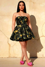 Catherine Black Floral Print Bandeau Ruffle Mini Dress