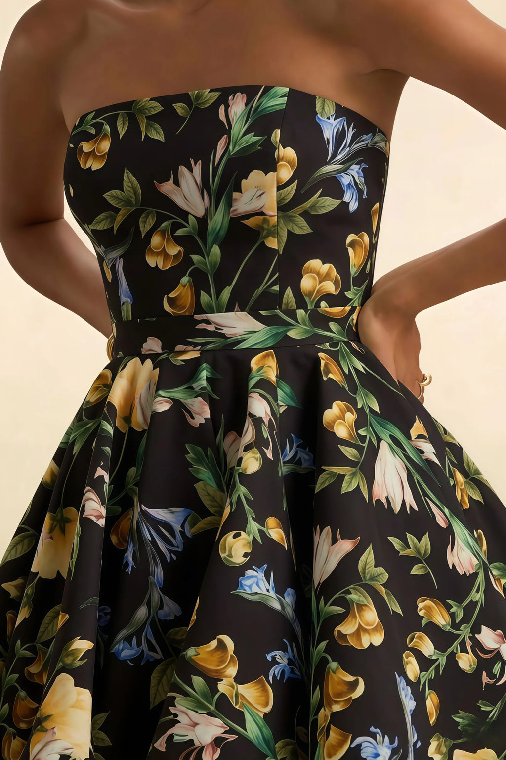 Catherine Black Floral Print Bandeau Ruffle Mini Dress