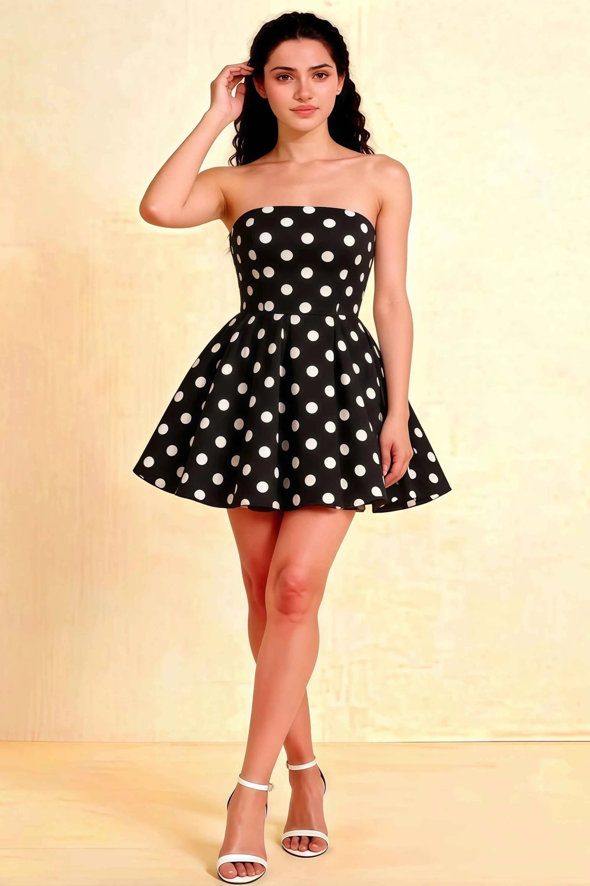 Catherine Black Polka Dot Bandeau Ruffle Mini Dress Imagen principal del producto