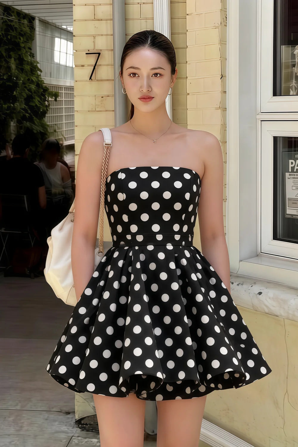 Catherine Black Polka Dot Bandeau Ruffle Mini Dress