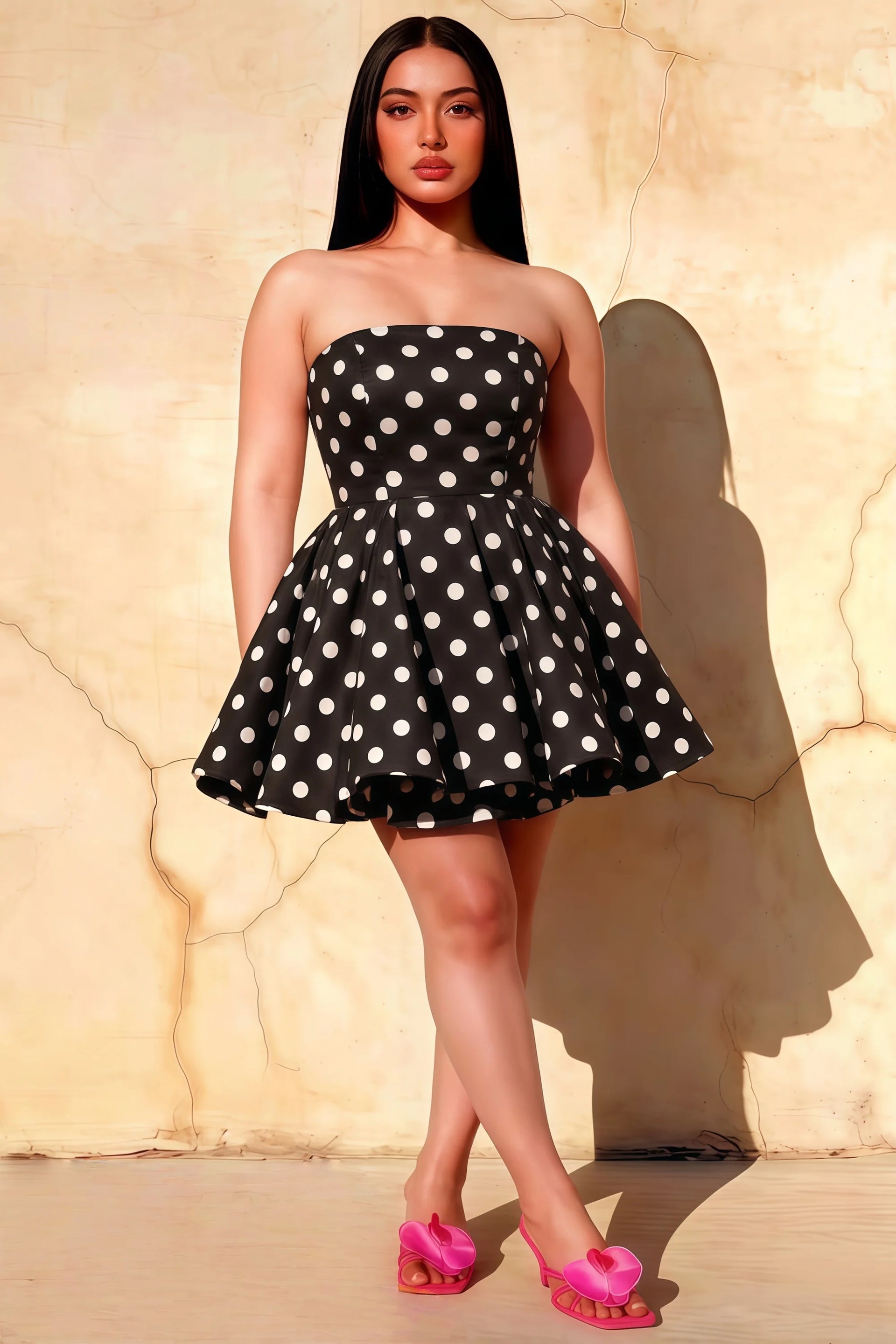 Catherine Black Polka Dot Bandeau Ruffle Mini Dress