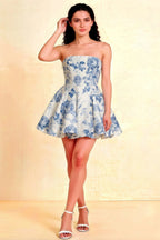 Catherine Blue and White Floral Bandeau Ruffle Mini Dress