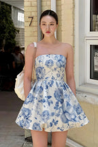 Catherine Blue and White Floral Bandeau Ruffle Mini Dress