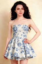 Catherine Blue and White Floral Bandeau Ruffle Mini Dress