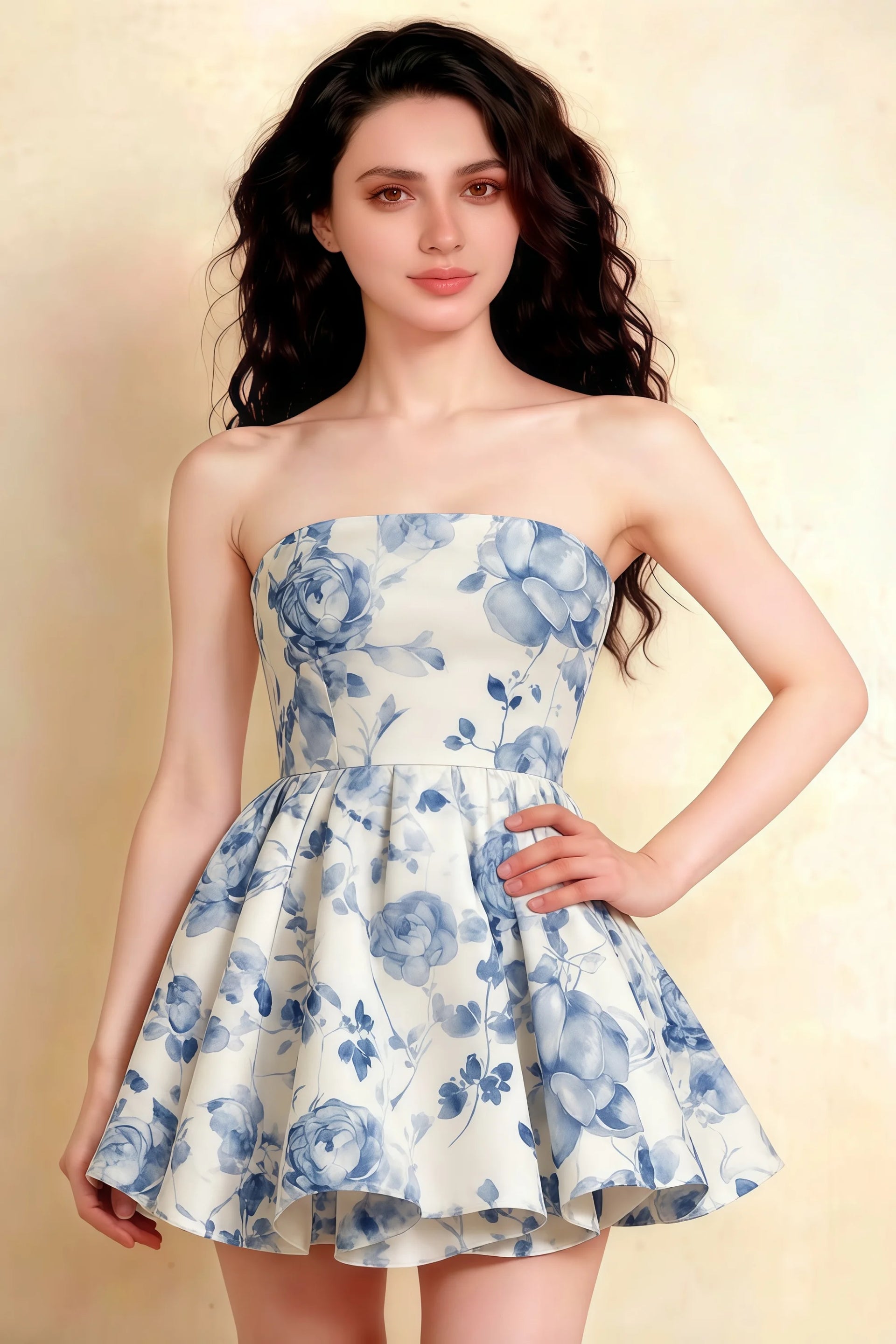 Catherine Blue and White Floral Bandeau Ruffle Mini Dress
