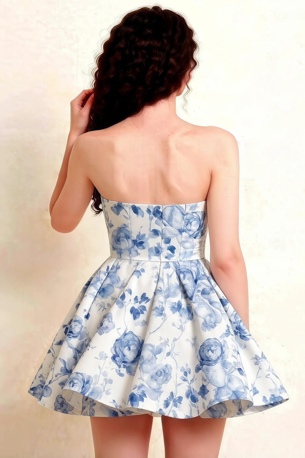 Catherine Blue and White Floral Bandeau Ruffle Mini Dress