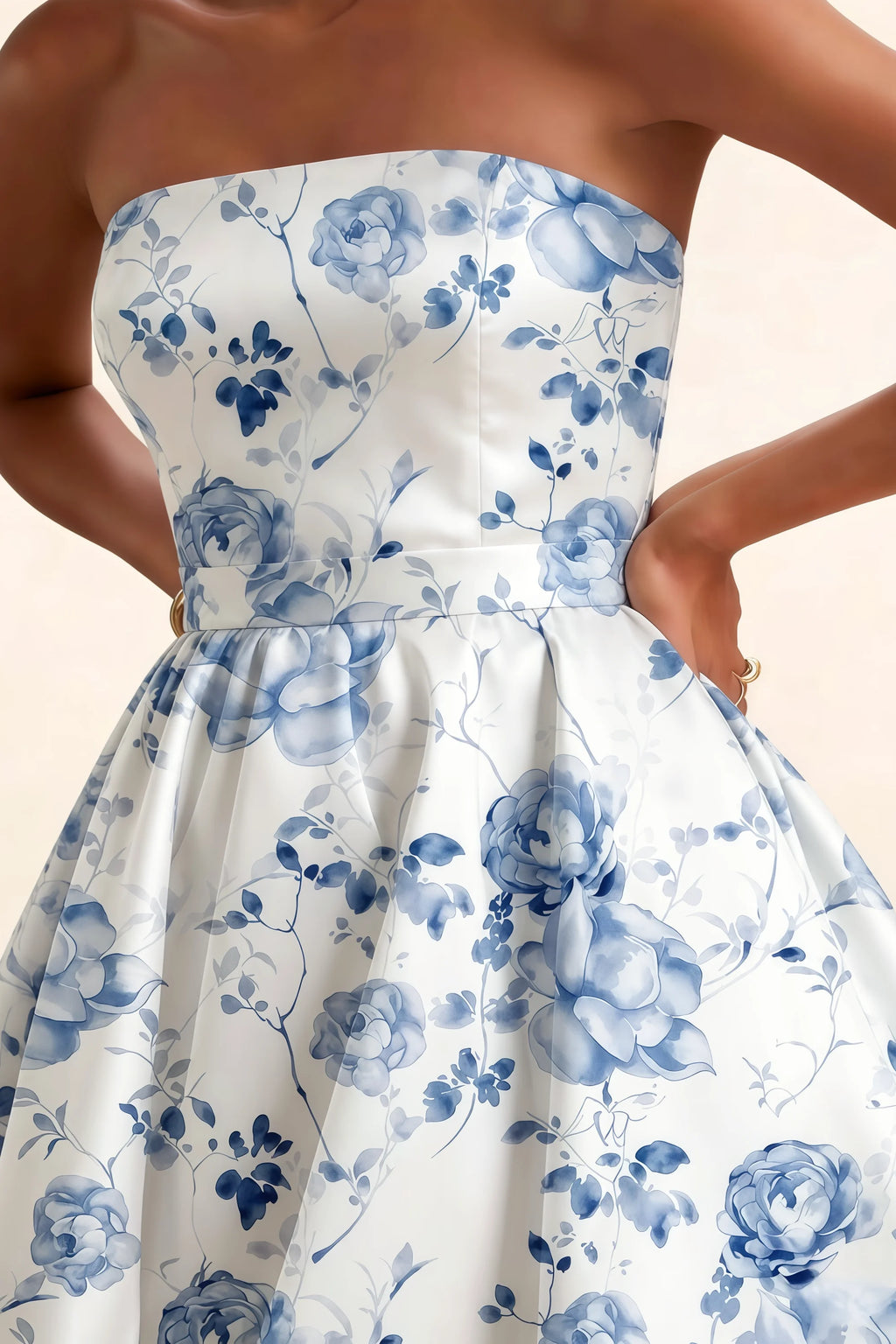 Catherine Blue and White Floral Bandeau Ruffle Mini Dress