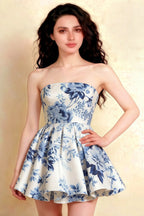 Catherine Blue and White Porcelain Print Bandeau Ruffle Mini Dress