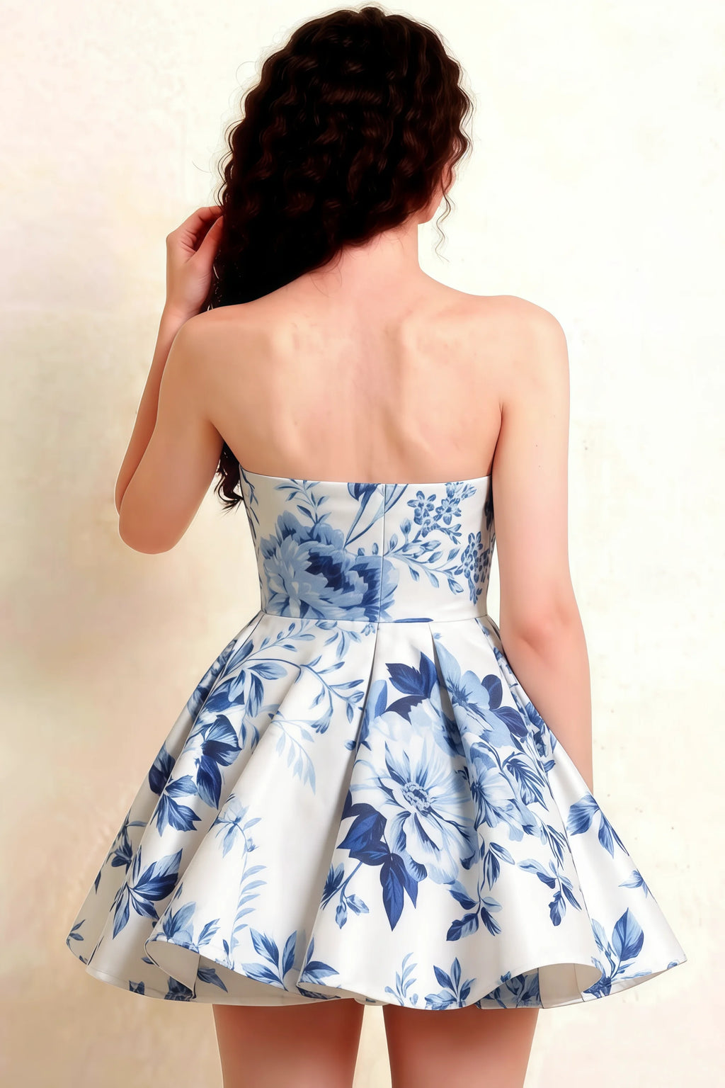 Catherine Blue and White Porcelain Print Bandeau Ruffle Mini Dress