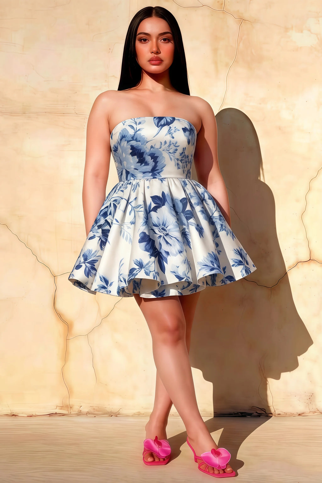 Catherine Blue and White Porcelain Print Bandeau Ruffle Mini Dress