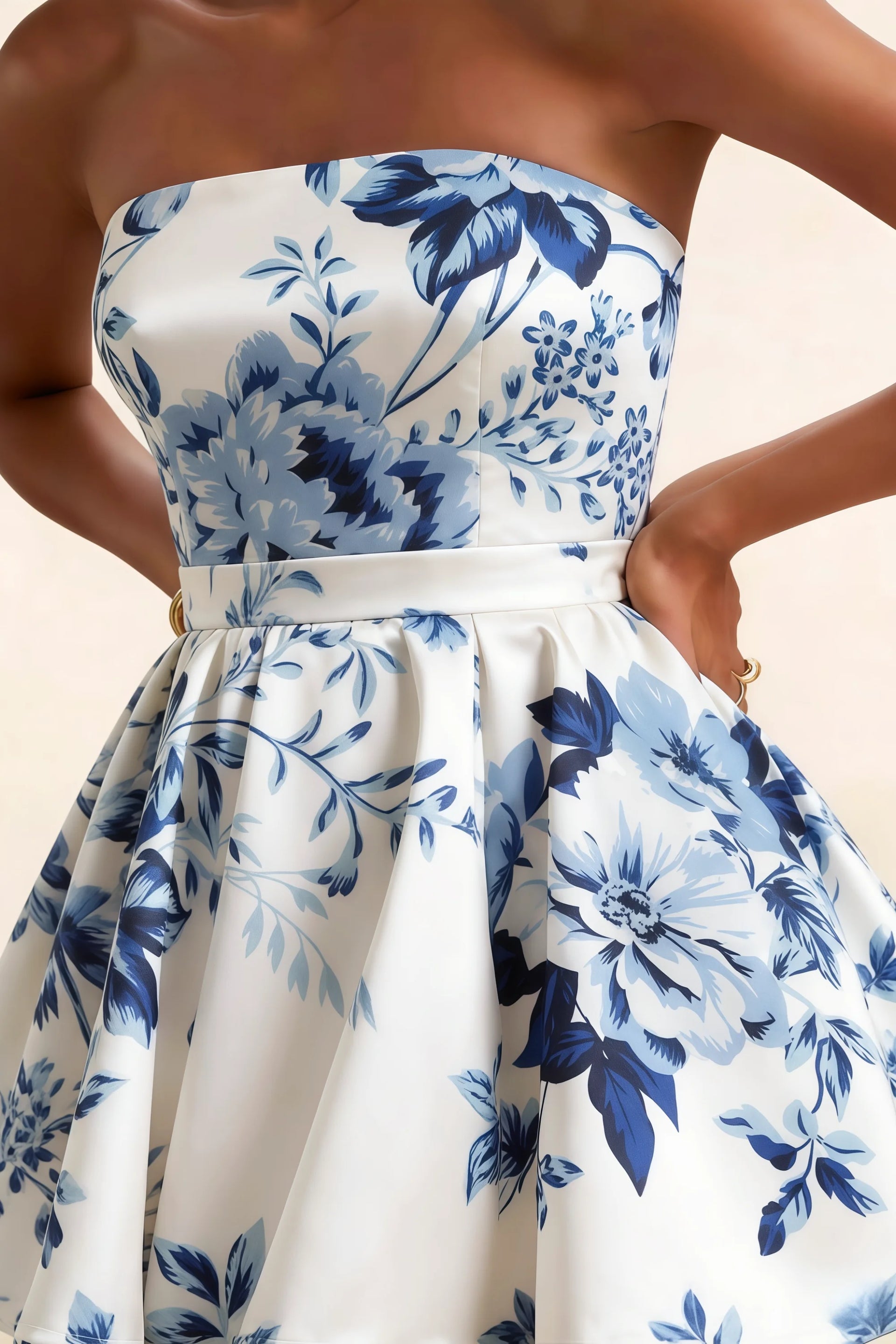Catherine Blue and White Porcelain Print Bandeau Ruffle Mini Dress