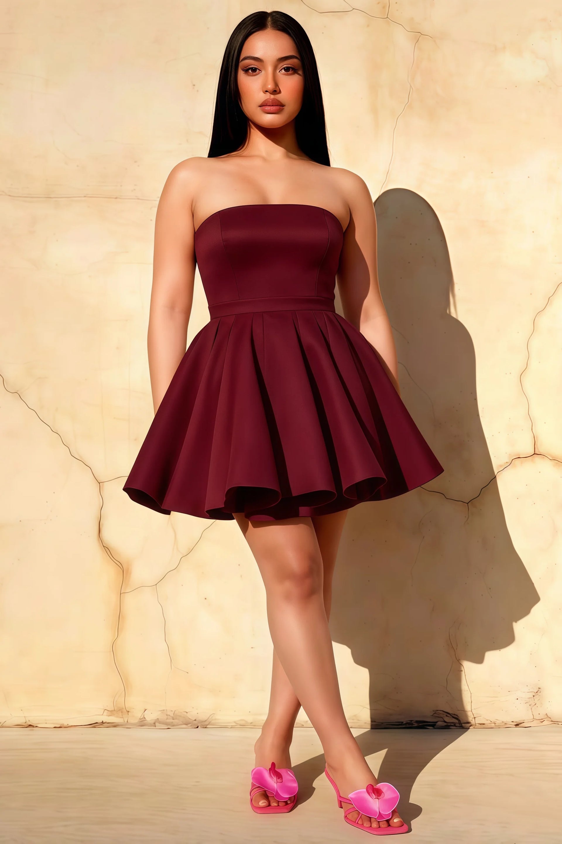 Catherine Burgundy Bandeau Ruffle Mini Dress