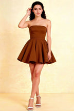 LVLVS Chocolate Catherine Bandeau Ruffle Mini Dress in bonded crepe for cocktail party and semi-formal events, elegant sweetheart neckline skater silhouette.