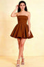 LVLVS Chocolate Catherine Bandeau Ruffle Mini Dress in bonded crepe for cocktail party and semi-formal events, elegant sweetheart neckline skater silhouette.