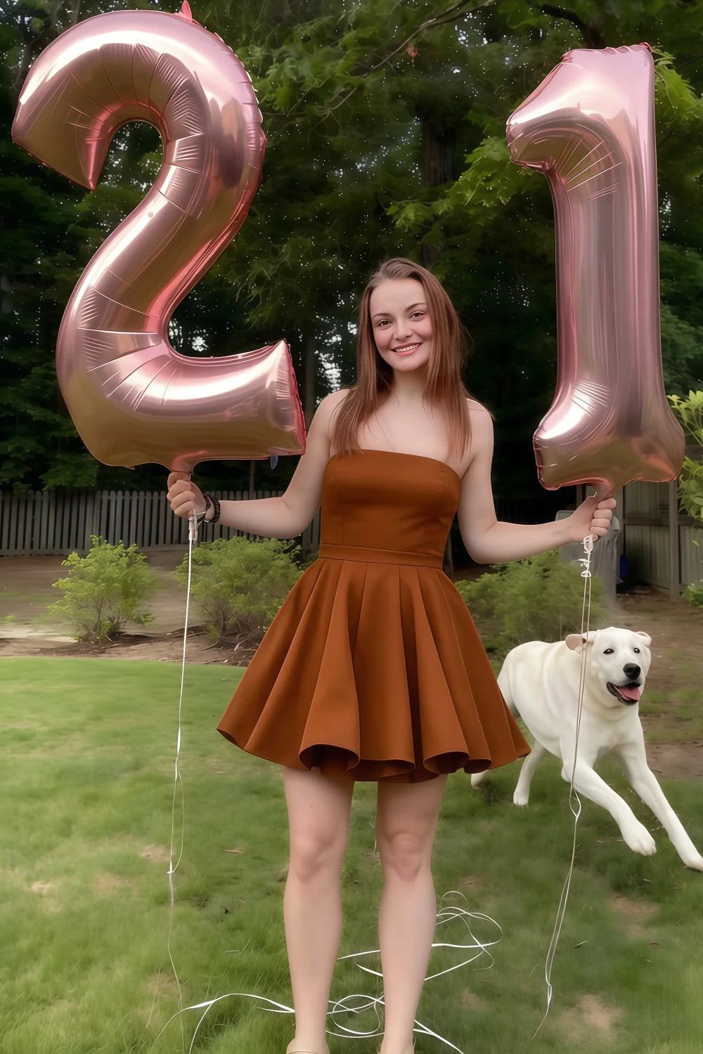 Real customer wearing LVLVS chocolate Catherine ruffle mini dress for 21st birthday party, holding rose gold balloons, perfect guest dress for celebration.