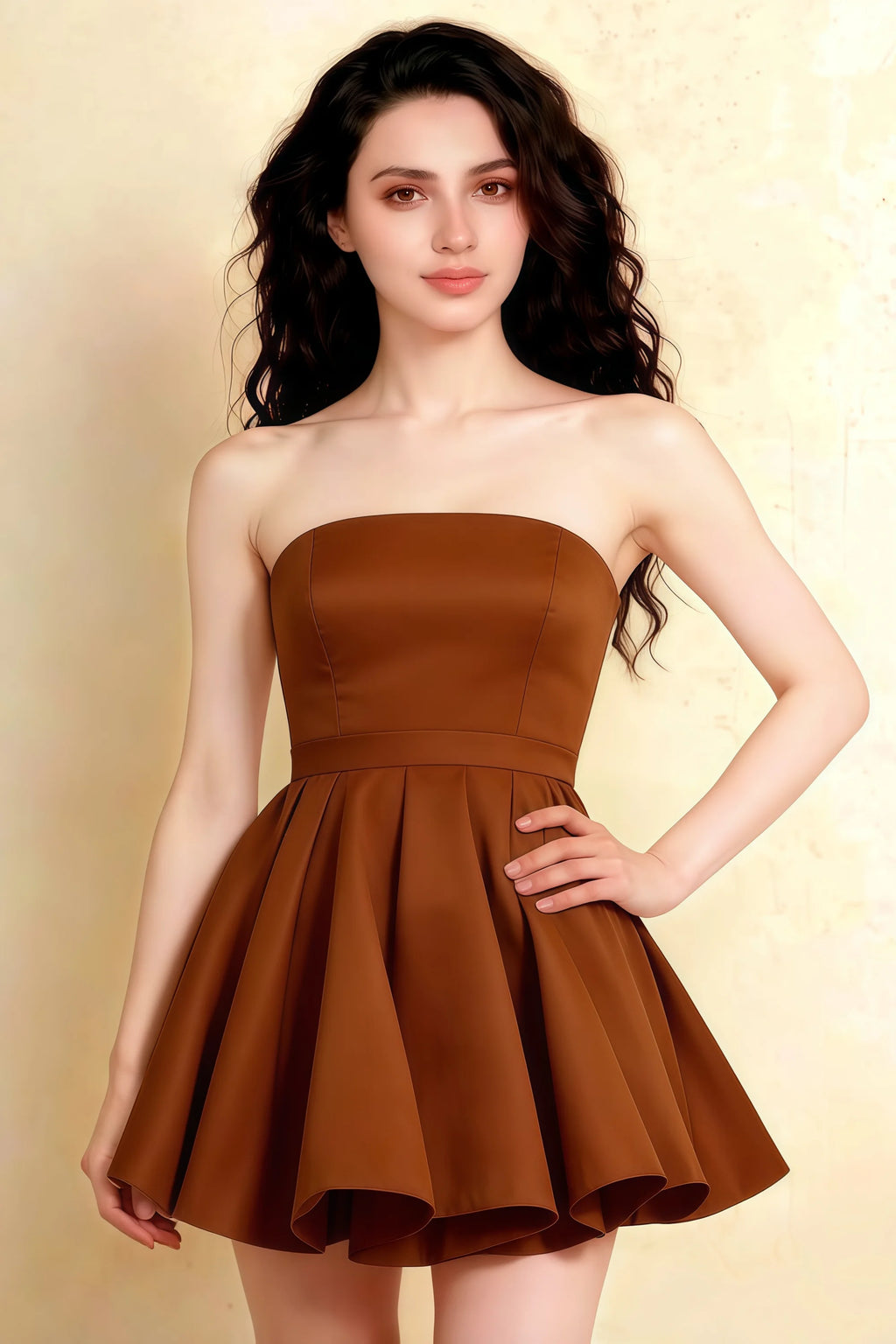 Close up of LVLVS chocolate Catherine dress featuring bandeau top and bonded crepe texture, ideal for club nights and date nights with a fitted bodice.