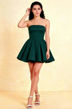 LVLVS Emerald Green Bandeau Mini Dress for Women - Classic Strapless Cocktail & Party Dress with Flared Skirt