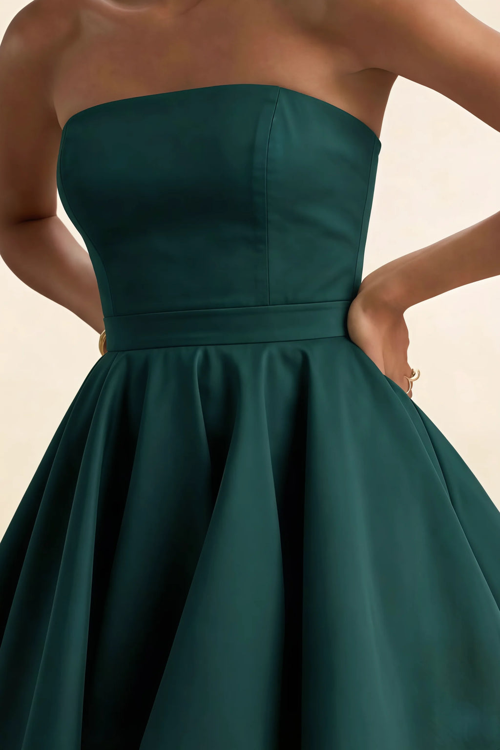 Emerald Green Bonded Crepe Fabric Details - Close Up of LVLVS Catherine Bandeau Dress Top & High Waist Design