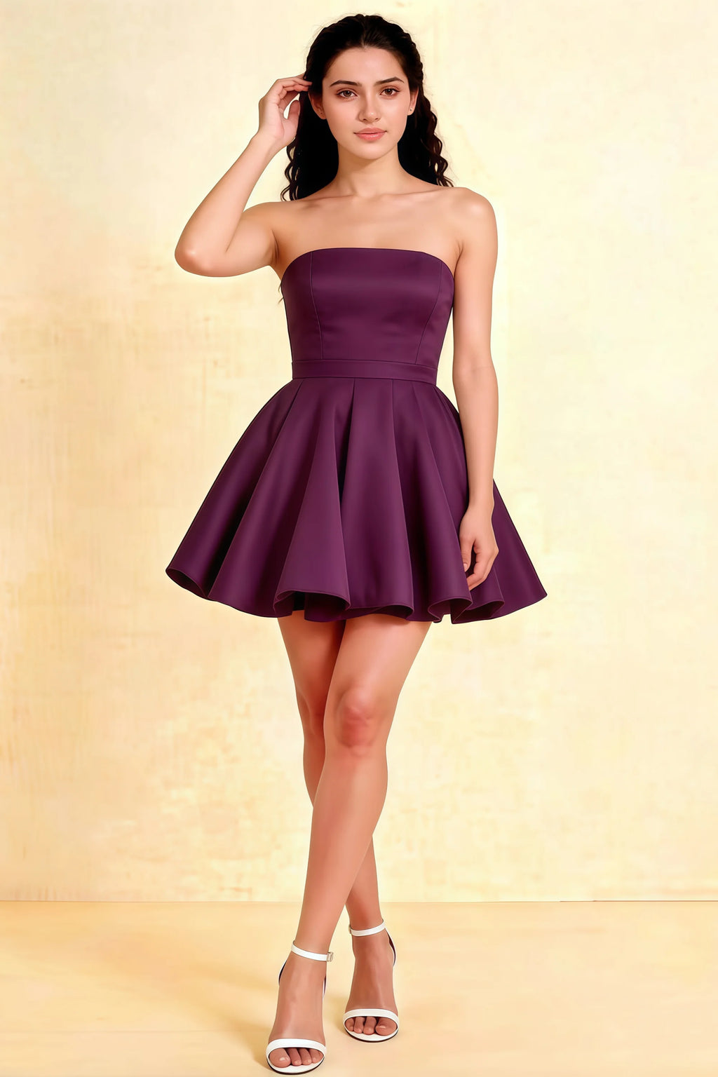 LVLVS Catherine Grape Bandeau Ruffle Mini Dress in bonded crepe for Cocktail and Party