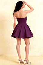Back view of LVLVS Catherine Grape strapless mini dress, elegant bonded crepe formal short dress