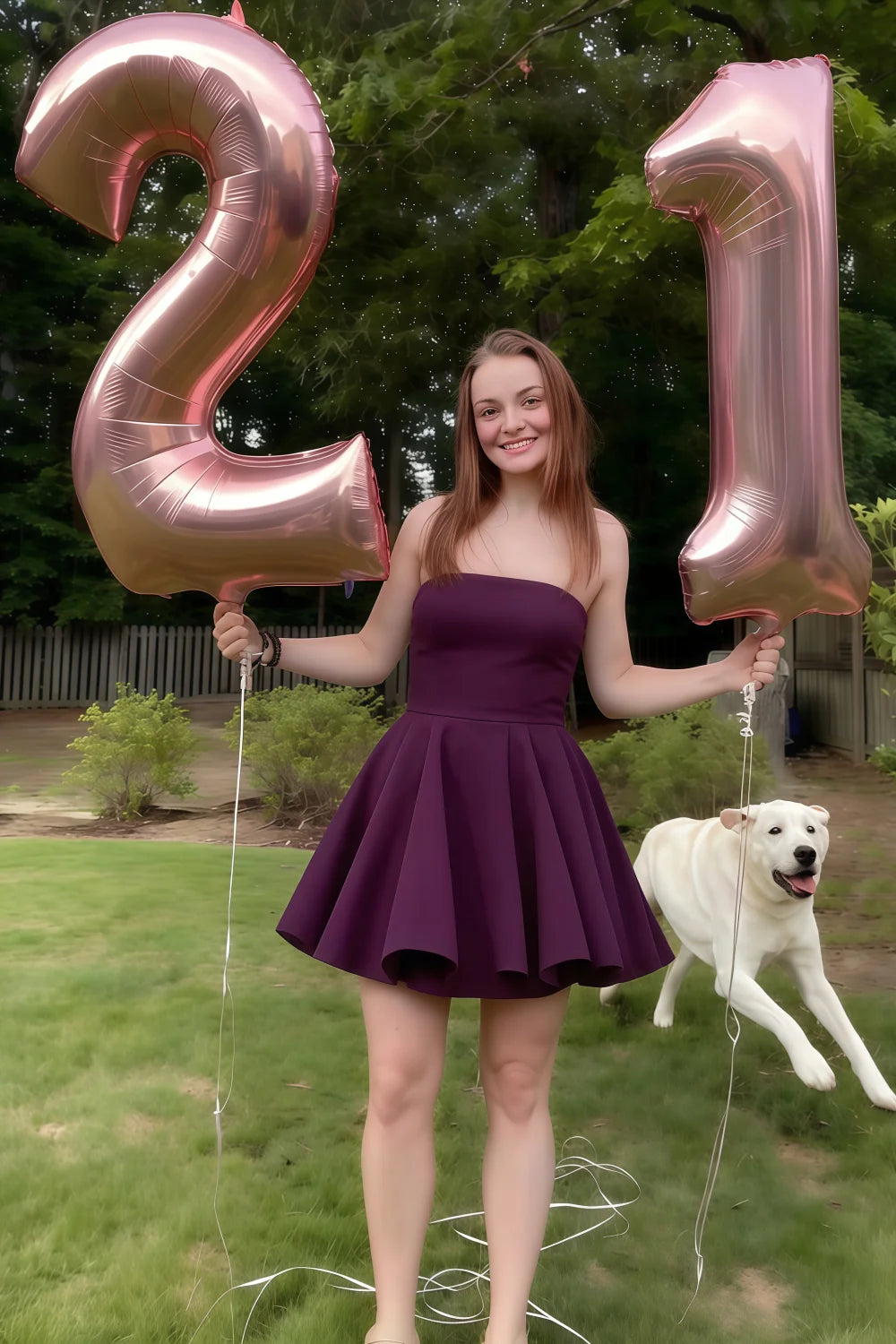 Real customer in LVLVS Catherine grape mini dress holding 21st birthday balloons at outdoor party