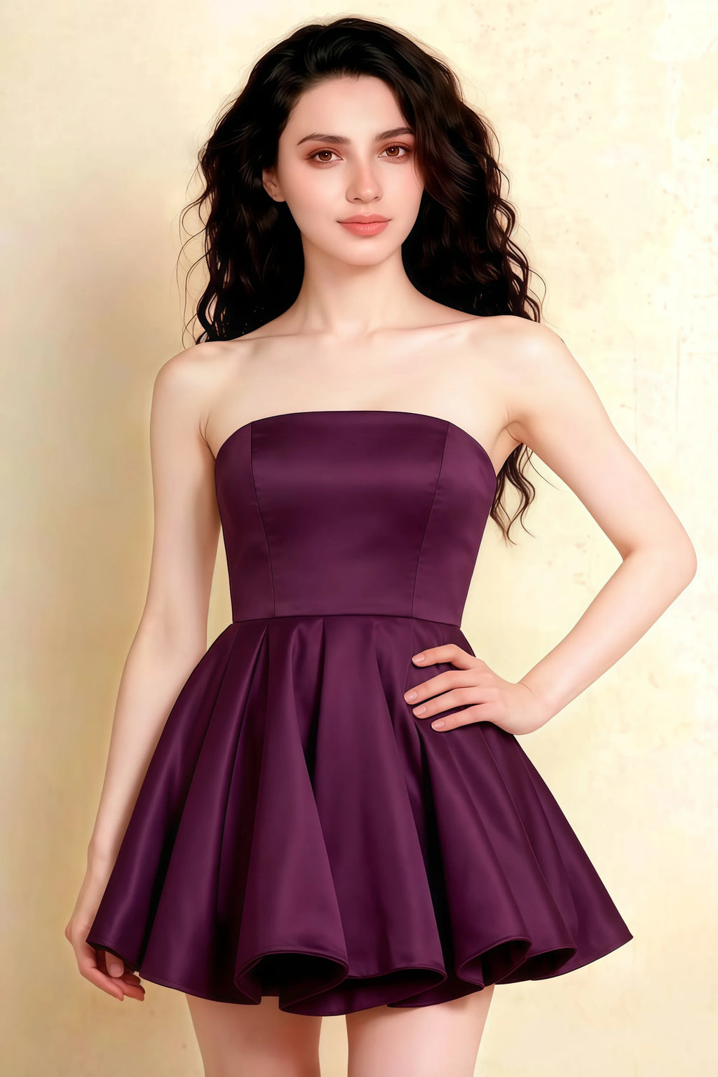 LVLVS Catherine Grape bandeau cocktail dress, figure-flattering bonded crepe mini dress for Day Party