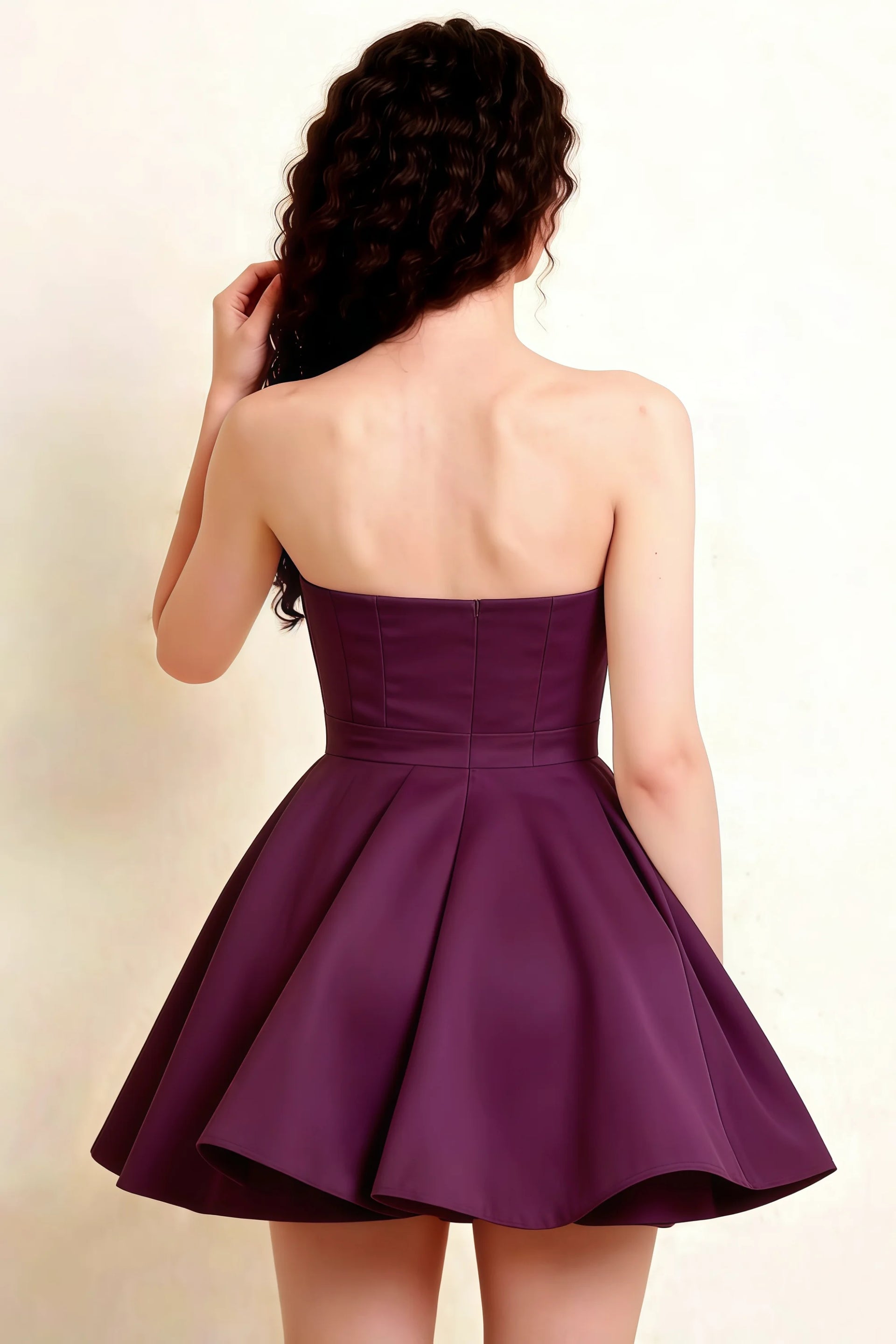 LVLVS Grape Catherine dress back detail, strapless ruffle mini dress perfect for Semi-Formal events