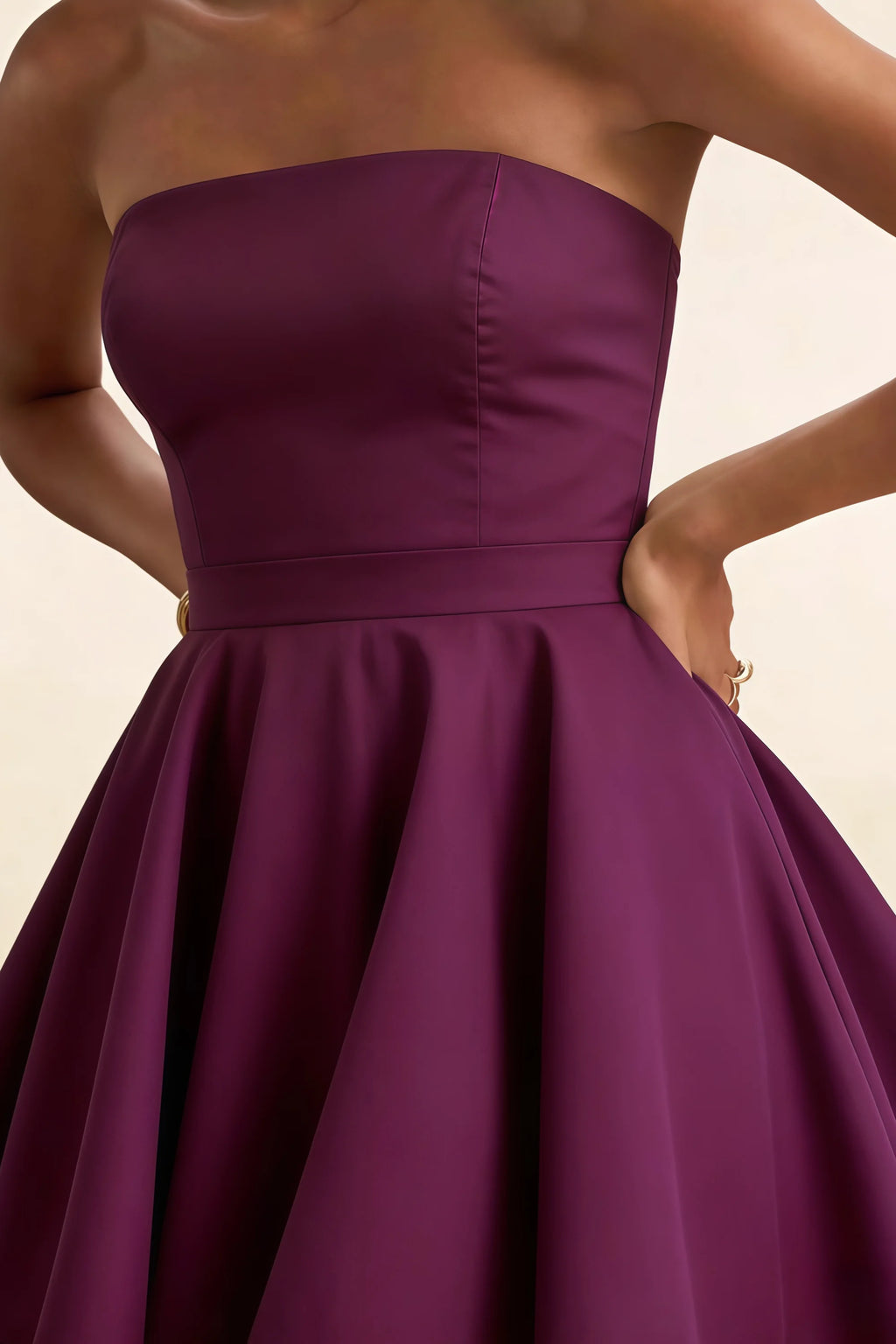 Close up of LVLVS Catherine grape bandeau dress bodice, bonded crepe texture for Bridesmaid or Wedding Guest