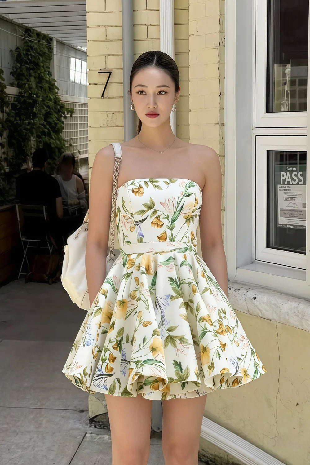 Customer Wearing LVLVS Catherine Green and White Floral Print Bandeau Ruffle Mini Dress for Street Style Casual Going Out with Handbag