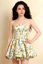 LVLVS Catherine Green and White Floral Print Bandeau Ruffle Mini Dress for Classy Casual Day in Bonded Crepe