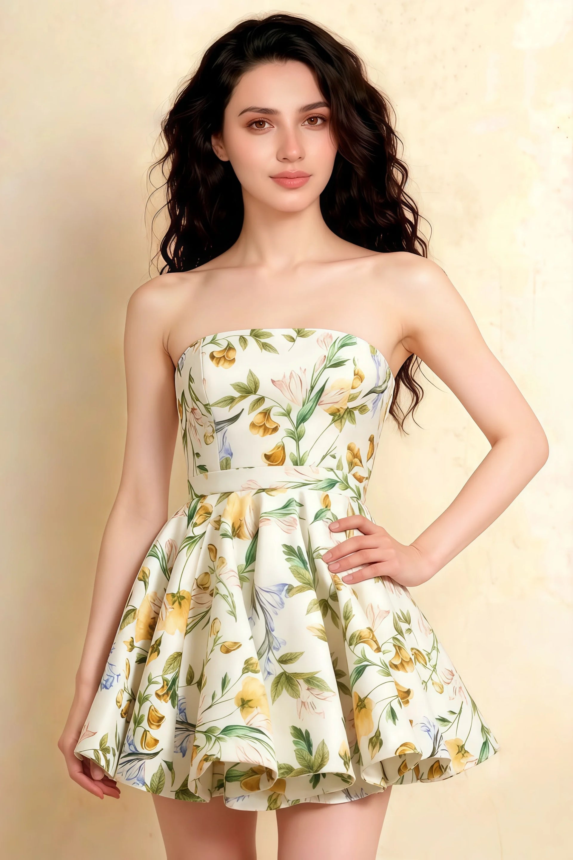 LVLVS Catherine Green and White Floral Print Bandeau Ruffle Mini Dress for Classy Casual Day in Bonded Crepe