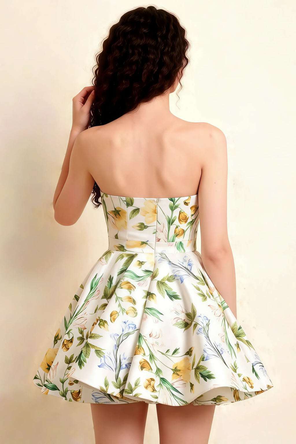 LVLVS Catherine Green and White Floral Print Bandeau Ruffle Mini Dress Back Detail for Casual Daywear Bonded Crepe