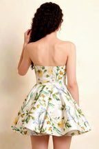 LVLVS Catherine Green and White Floral Print Bandeau Ruffle Mini Dress Back Detail for Casual Daywear Bonded Crepe