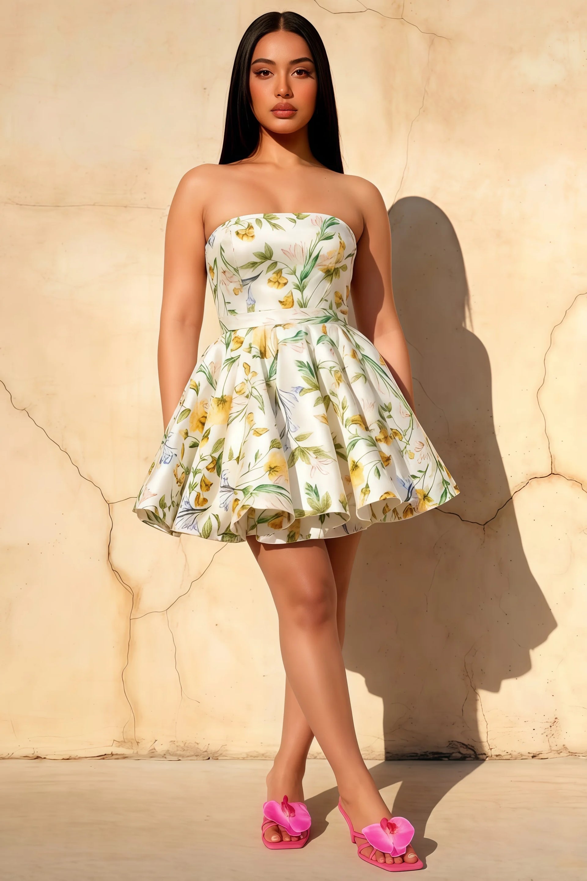 Plus Size Model in LVLVS Catherine Green and White Floral Print Bandeau Ruffle Mini Dress for Casual Day Club with Pink Heels