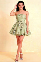 LVLVS Catherine Green Floral Print Bandeau Ruffle Mini Dress in bonded crepe for Spring Garden Party and Casual Brunch