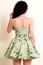 LVLVS Catherine Green Floral Print Bandeau Ruffle Mini Dress back detail for Sorority Rush and Formal Day Event