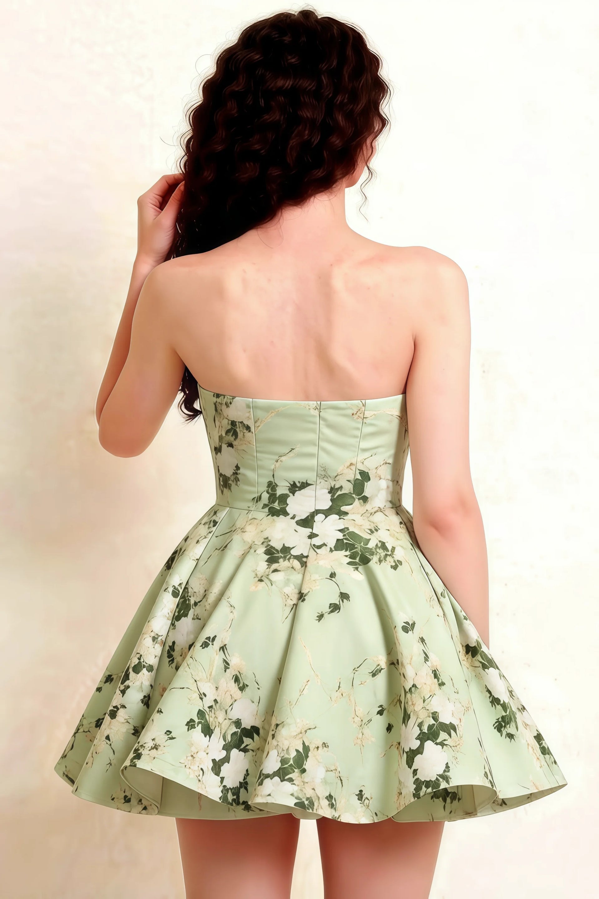 LVLVS Catherine Green Floral Print Bandeau Ruffle Mini Dress back detail for Sorority Rush and Formal Day Event