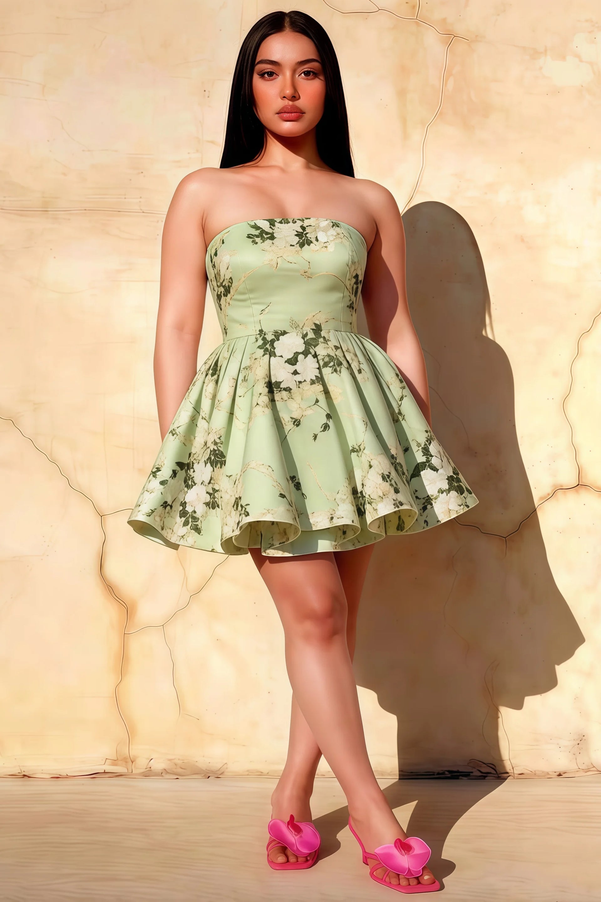 Plus Size Model wearing LVLVS Catherine Green Floral Print Bandeau Ruffle Mini Dress for Prom and Homecoming Dance