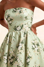 Fabric Detail LVLVS Catherine Green Floral Print Bonded Crepe Dress for Bridesmaid and Luxury Casual Day
