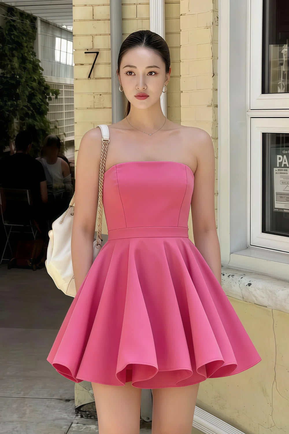 Real Customer Wearing LVLVS Hot Pink Bandeau Dress for Street Style Fashion in Summer City - Chic Casual Going Out Look with Crossbody Bag