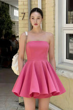 Real Customer Wearing LVLVS Hot Pink Bandeau Dress for Street Style Fashion in Summer City - Chic Casual Going Out Look with Crossbody Bag