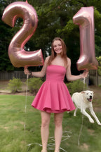 Young Woman Celebrating 21st Birthday in LVLVS Catherine Hot Pink Ruffle Mini Dress Holding Balloons - Festive Party Guest Dress for Graduation