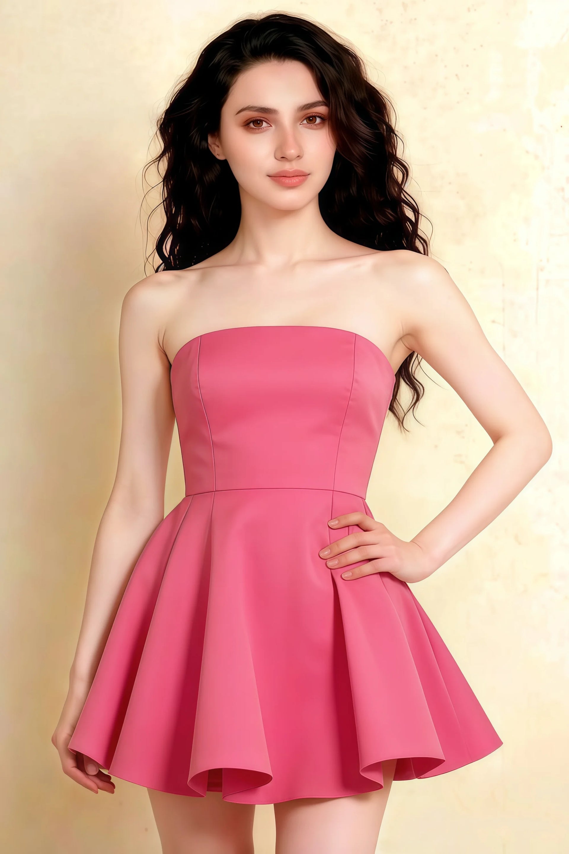 Close Up Studio Shot of LVLVS Catherine Dress in Hot Pink Bonded Crepe Fabric - Flattering Bandeau Bodice and Textured Ruffle Details for Day Parties